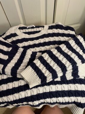 Navy and White Striped Cable Knit Sweater.  Brand new! Only warn once!